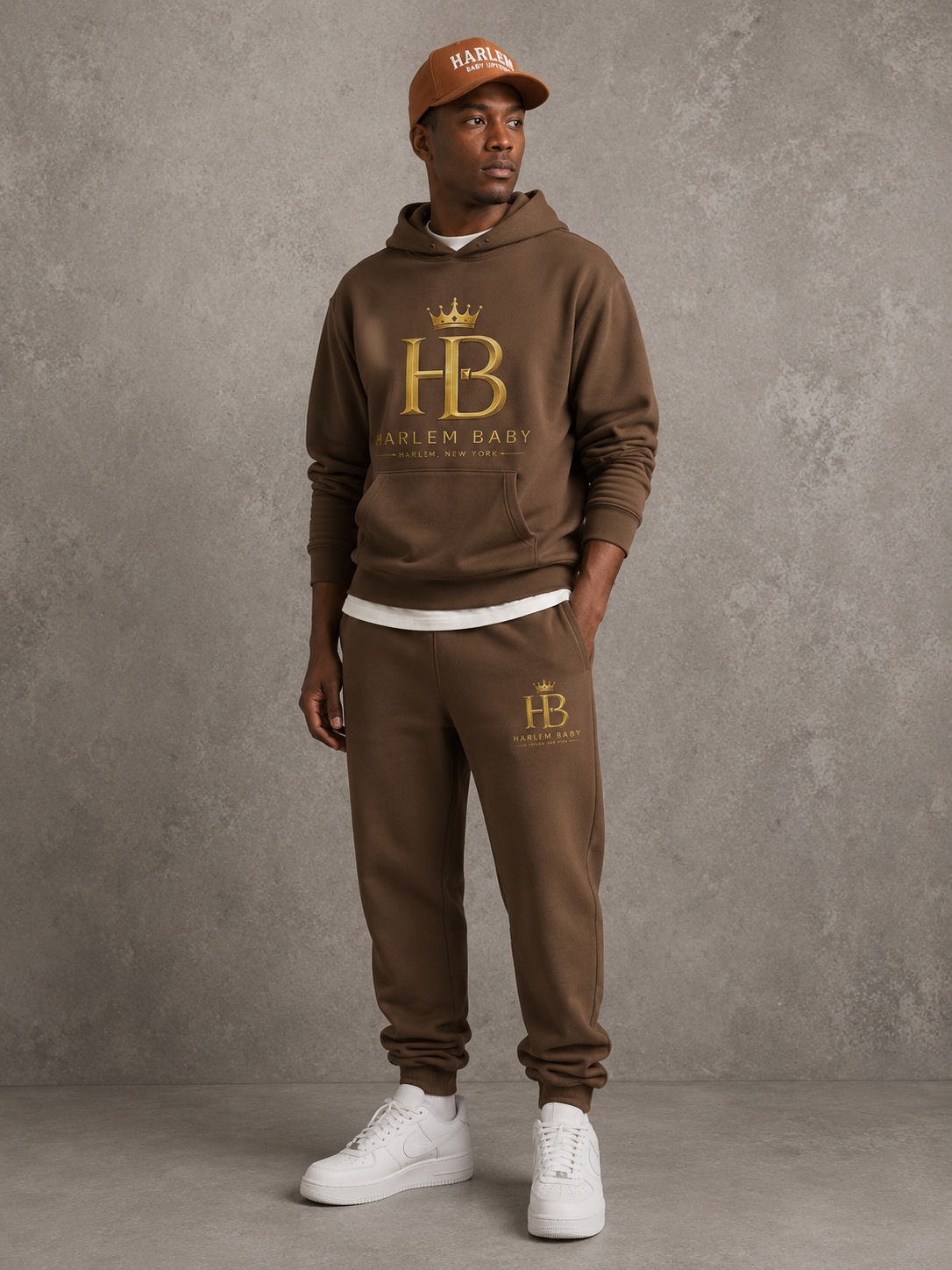 Harlem Baby Crown hoodie and jogger set in cocoa brown with gold crown mark